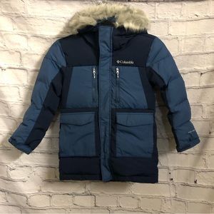 Columbia Omni Heat Infinity Parka Jacket Blue Faux Fur Trim Hood XS Kids Unisex